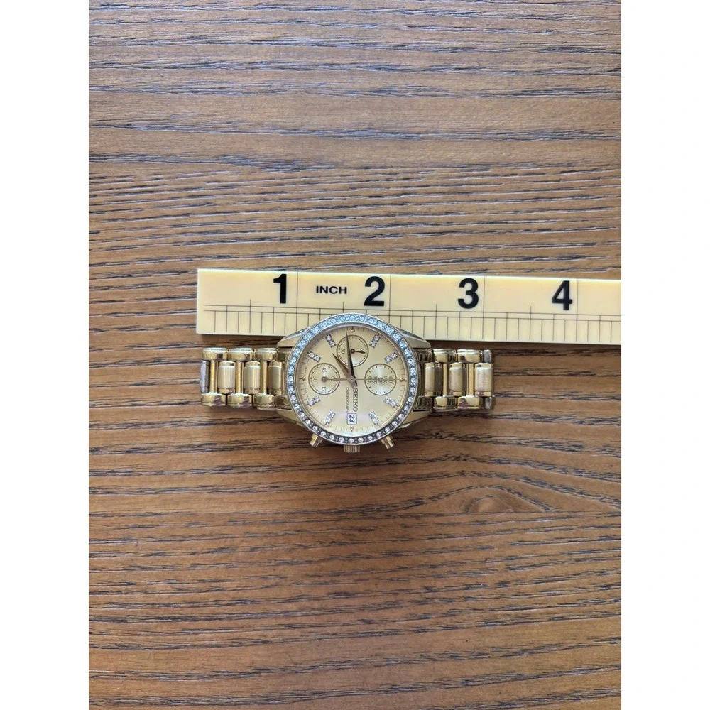 Seiko Chronograph Gold Tone Crystal Bezel Watch 7T92-0MZ0 Womens Stainless Steel